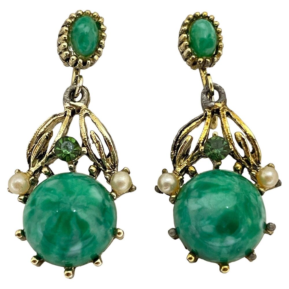 Vintage gold green faux jade drop designer clip on earrings